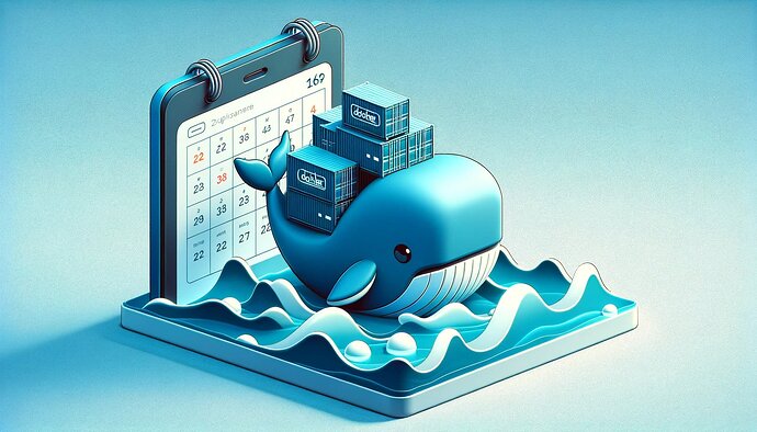 DALL·E 2023-12-26 14.48.30 - A 2D flat tech design illustration in 16_9 aspect ratio, featuring the Docker logo floating on a calm sea. The Docker logo, a whale carrying stacked s