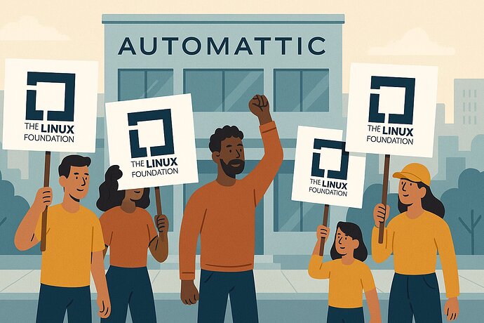 Protesters in front of Automattic headquarters with Linux Foundation signs