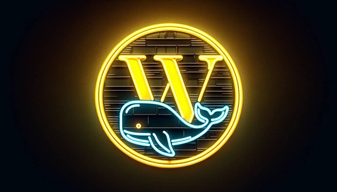 DALL·E 2024-02-29 15.09.05 - Create a visually striking image in the style of neon lights, featuring the WordPress logo and the Docker project's whale. The WordPress logo, a styli