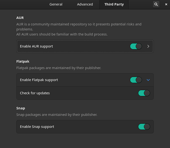 pamac flatpak & snap