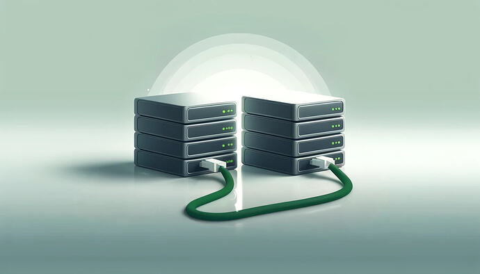 DALL·E 2024-05-28 15.49.31 - A modern flat 2D style illustration of two servers connected to each other with a single shorter green cable. The servers are sleek and rectangular, f