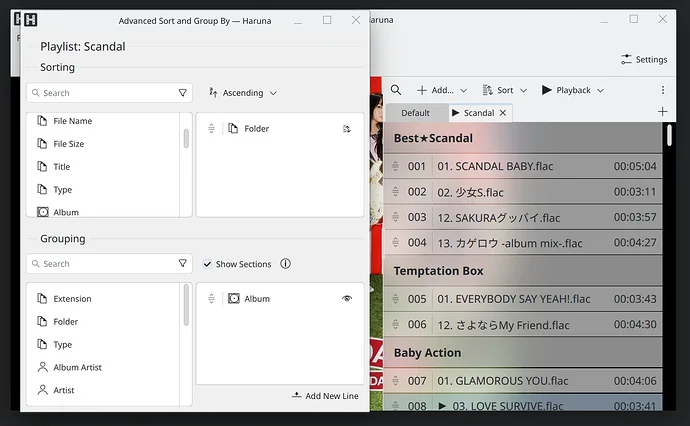قائمة التشغيل المتقدمة الفرز والتجميع العرض