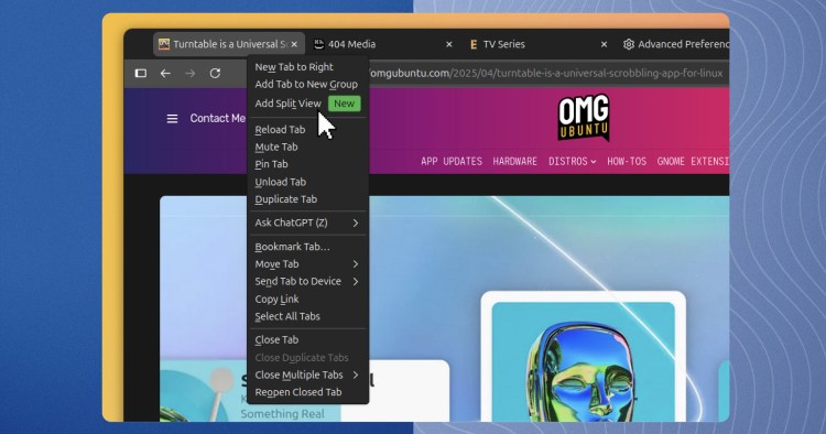 قائمة سياق علامة التبويب Firefox التي تعرض خيار إضافة Split View جديد.