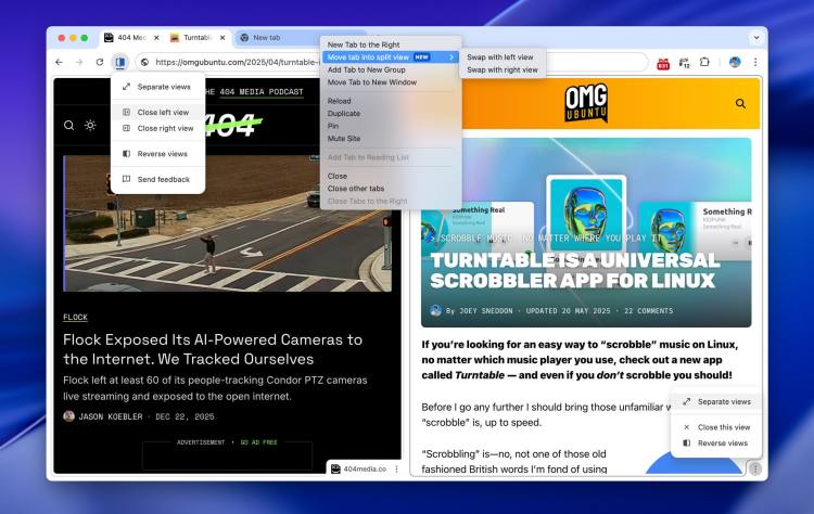 Google Chrome Split View يعرض علامتي تبويب جنبًا إلى جنب في نافذة واحدة مع خيارات لإدارتها.